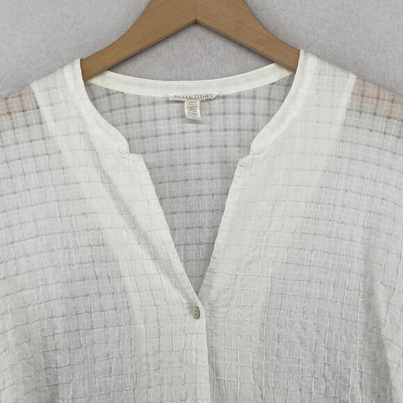 EILEEN FISHER Top 1X Organic Cotton Box Voile Boxy Button Up Short Sleeve White - Picture 4 of 13